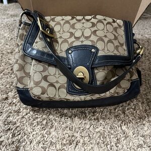 Vintage Coach Tan and Black Signature Shoulder Bag